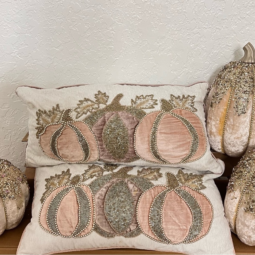 Light pink pumpkin 3 of them and 2 pink pillows
